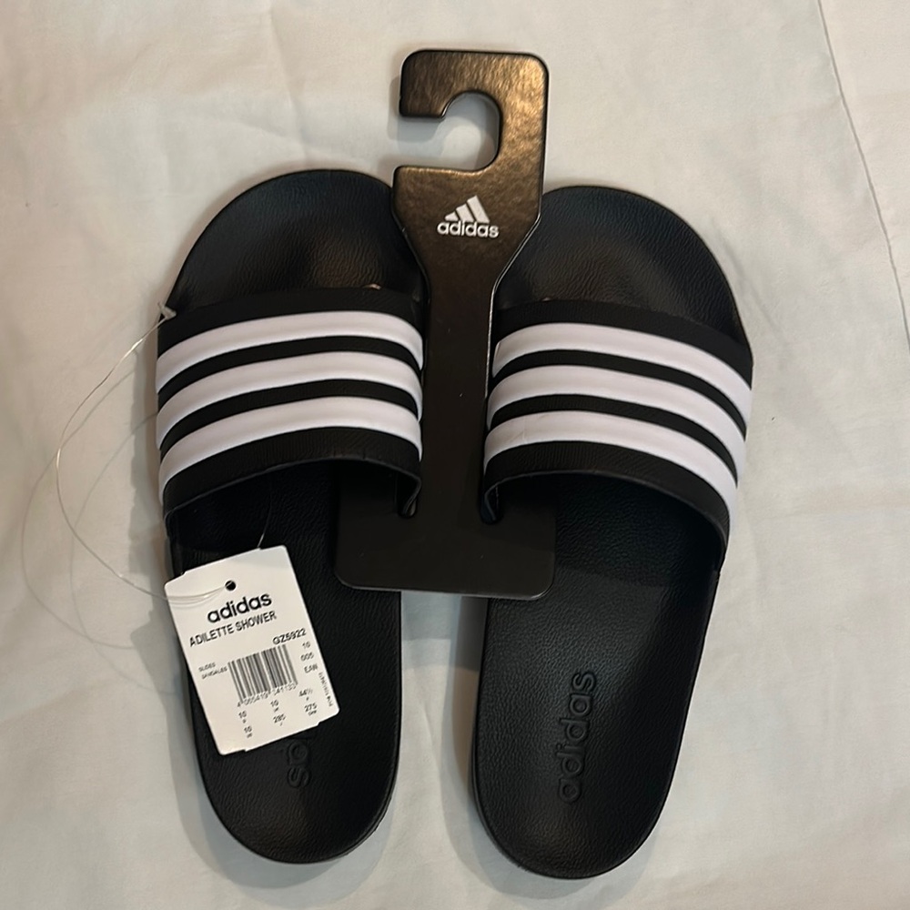 Adidas Black Slides with White Stripes
